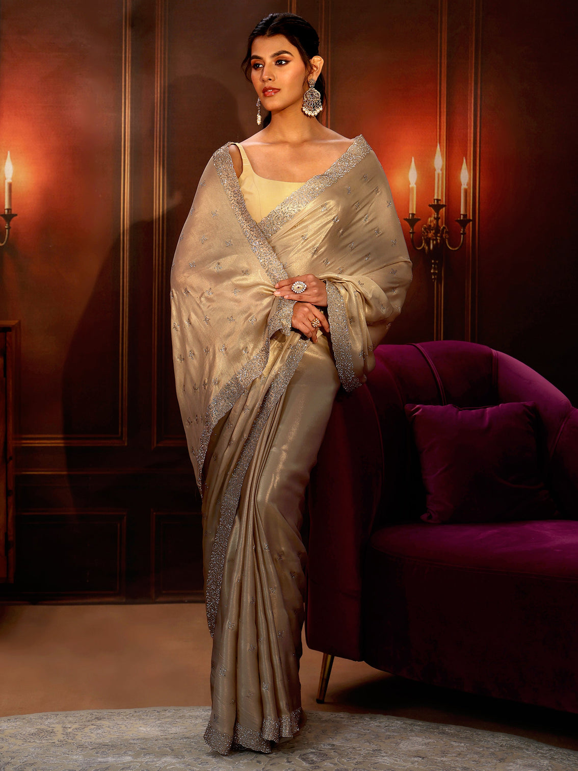 Mameraa Art Cream Embellished Tissue Saree