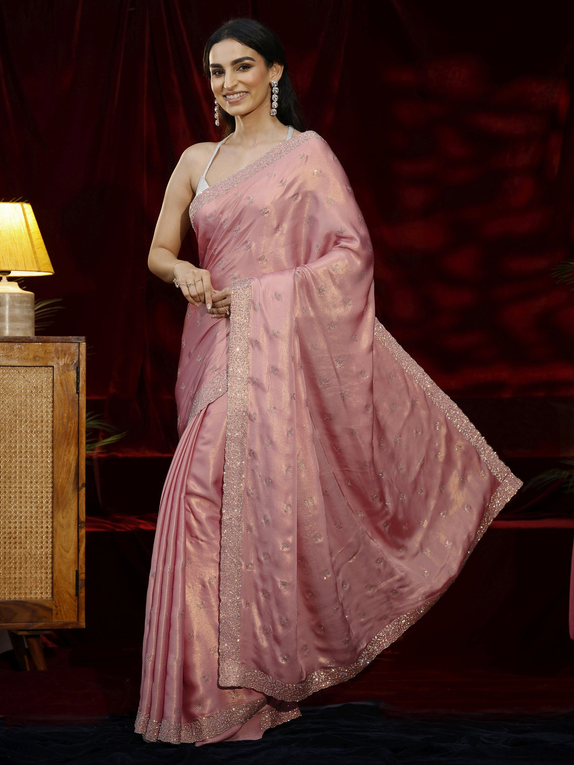 Mameraa Art Pink Floral Embellished Tissue Saree