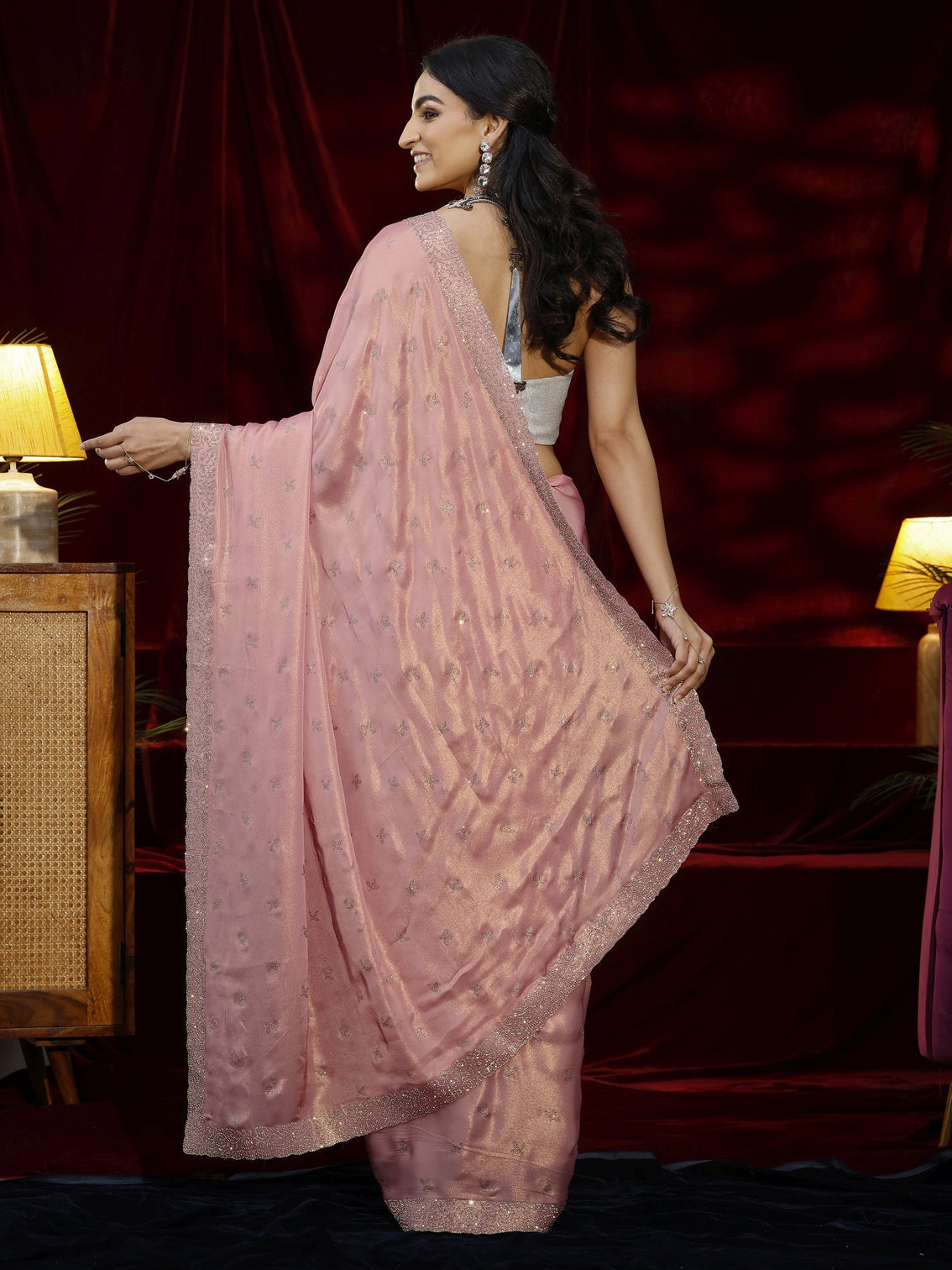 Mameraa Art Pink Floral Embellished Tissue Saree