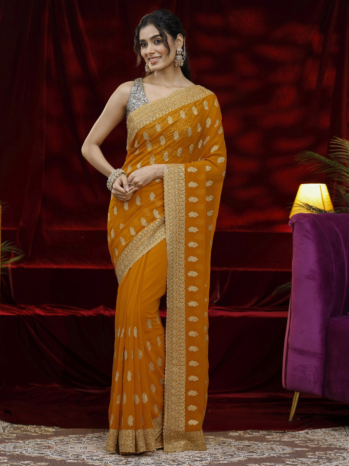 Mameraa Orange Embroidered Georgette Saree