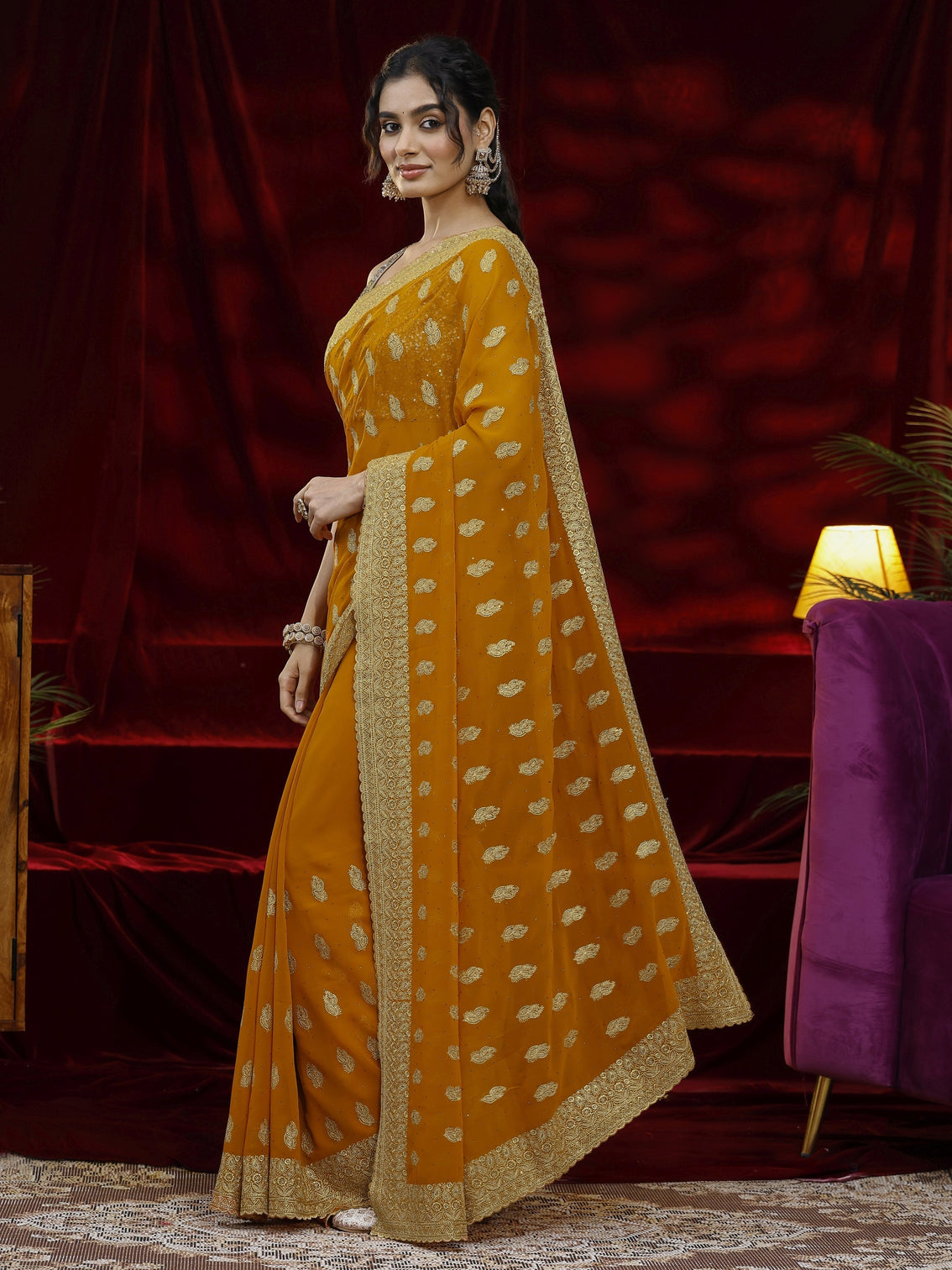 Mameraa Orange Embroidered Georgette Saree