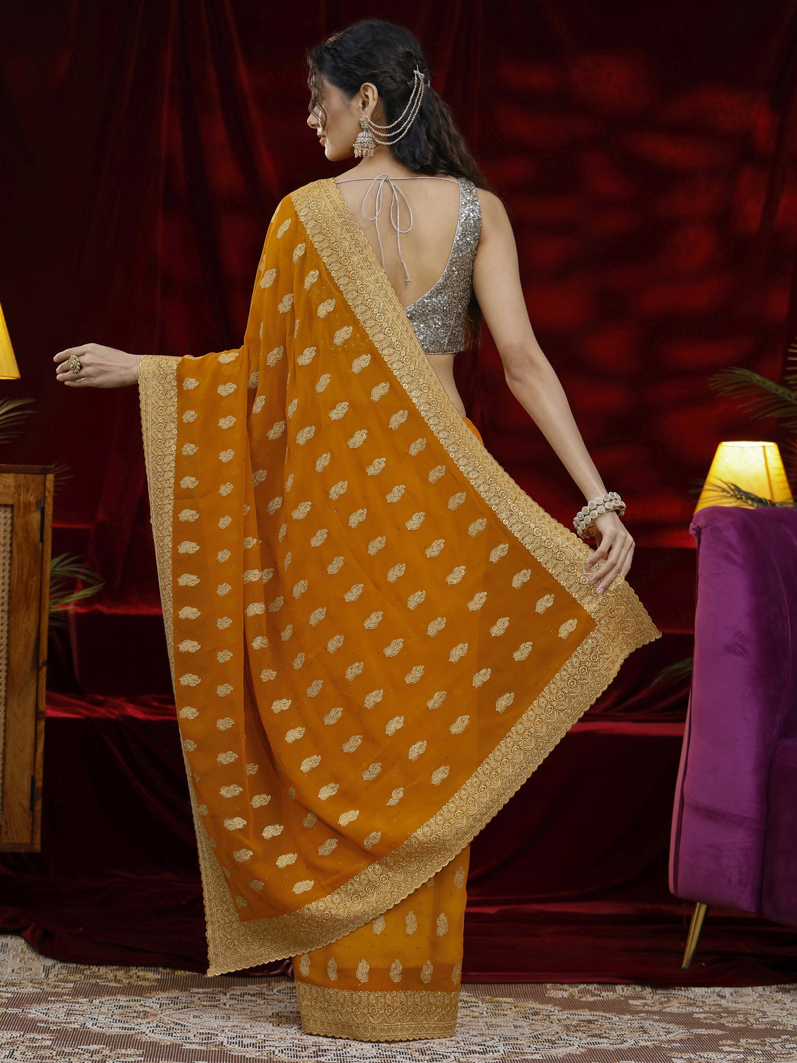 Mameraa Orange Embroidered Georgette Saree