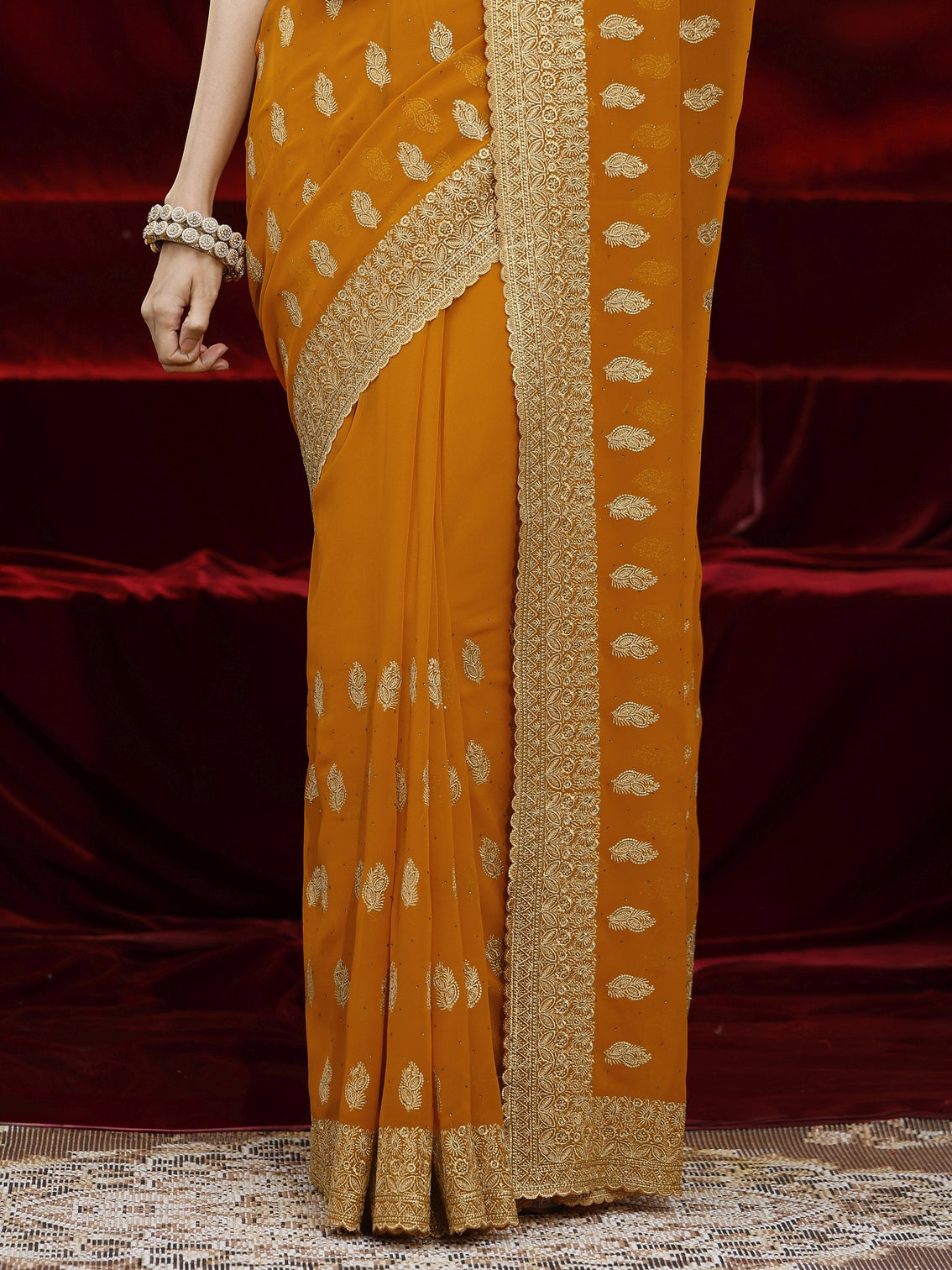 Mameraa Orange Embroidered Georgette Saree