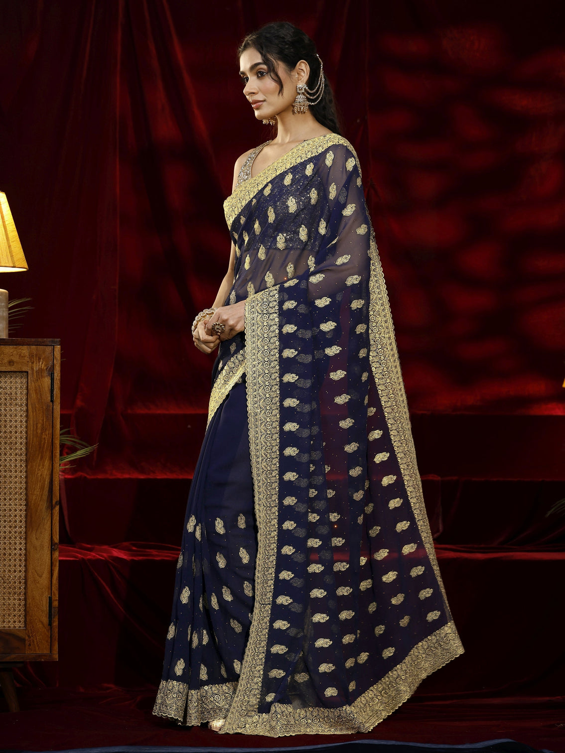 Mameraa Navy blue Embroidered Georgette Saree