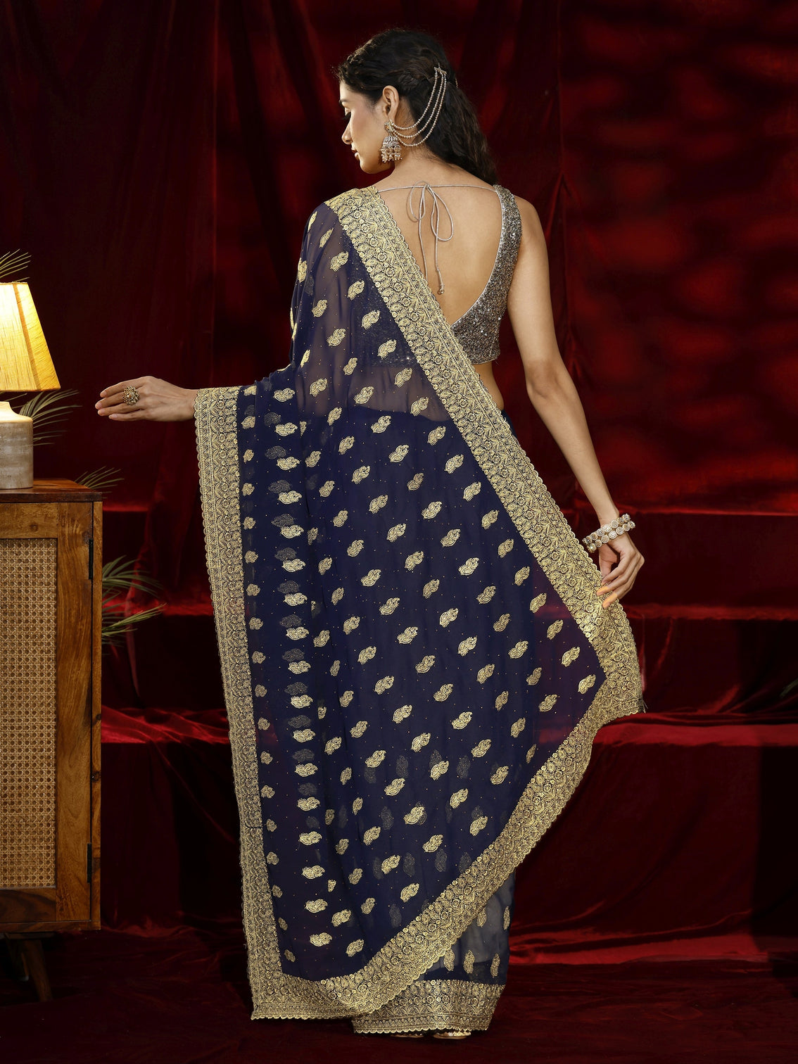Mameraa Navy blue Embroidered Georgette Saree
