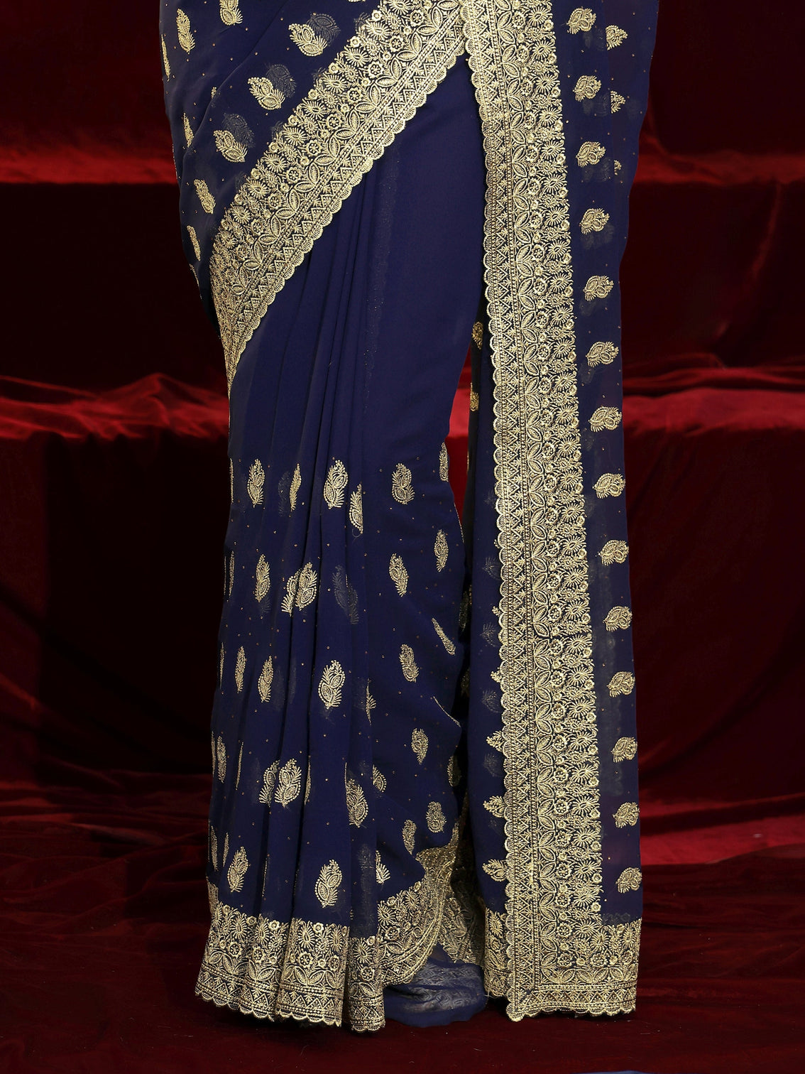 Mameraa Navy blue Embroidered Georgette Saree