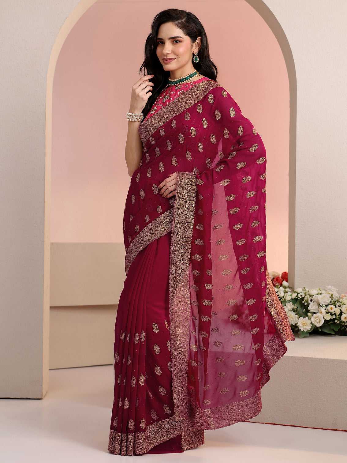 Mameraa Rani Pink Embroidered Georgette Saree