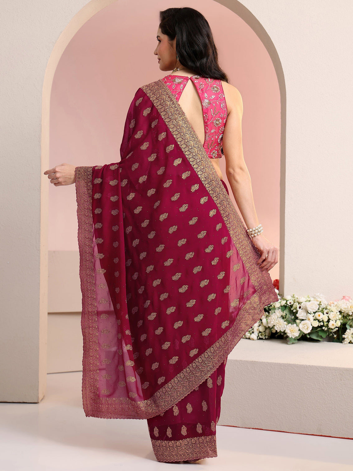 Mameraa Rani Pink Embroidered Georgette Saree