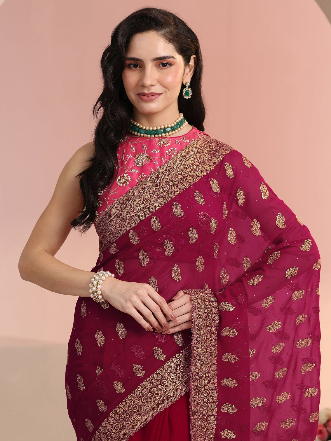 Mameraa Rani Pink Embroidered Georgette Saree