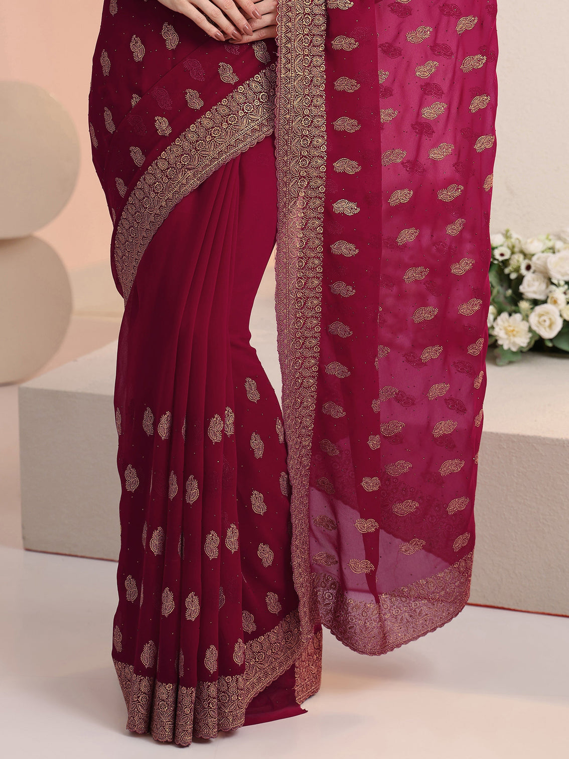 Mameraa Rani Pink Embroidered Georgette Saree