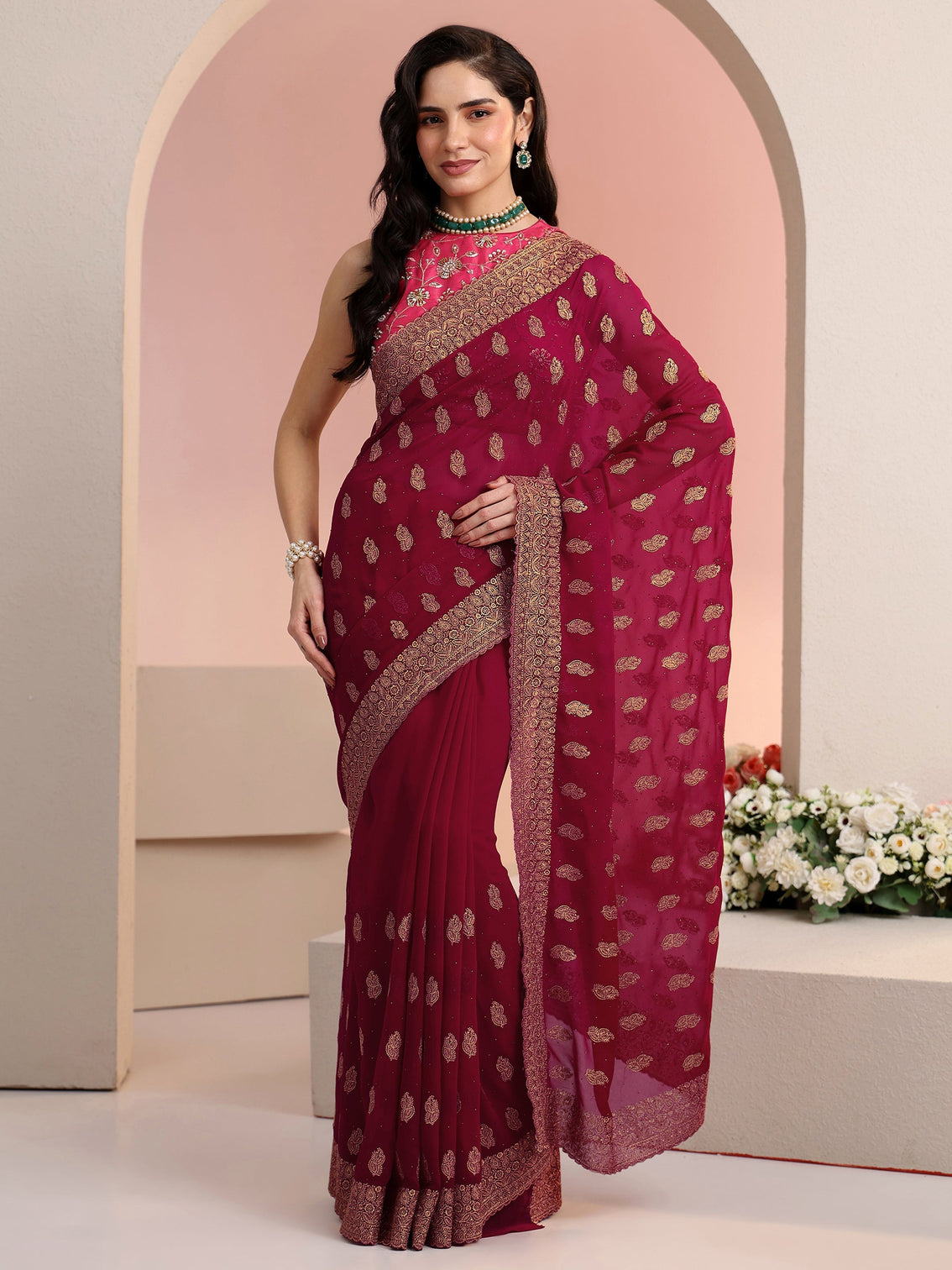 Mameraa Rani Pink Embroidered Georgette Saree
