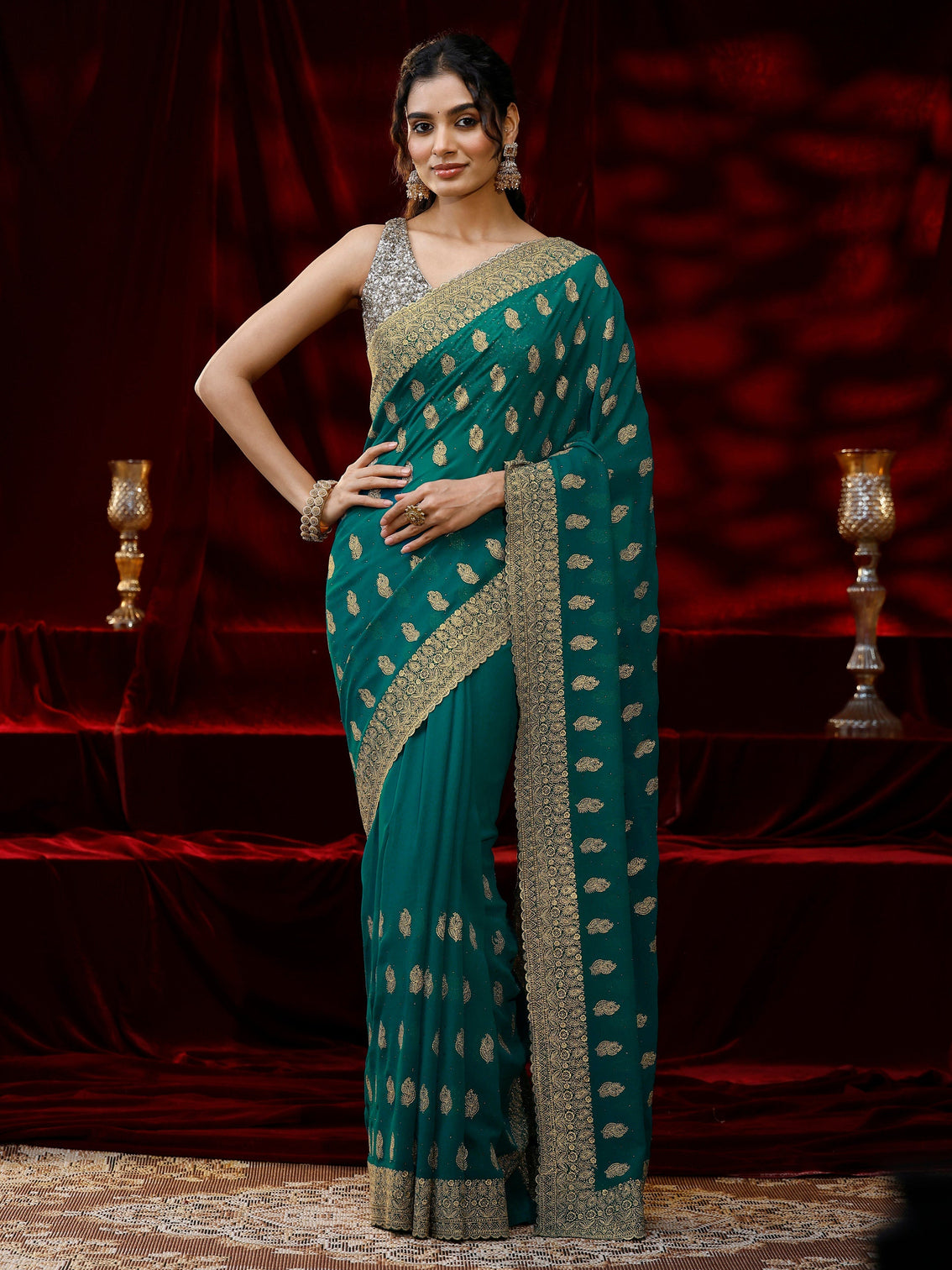 Mameraa Green Embroidered Georgette Saree