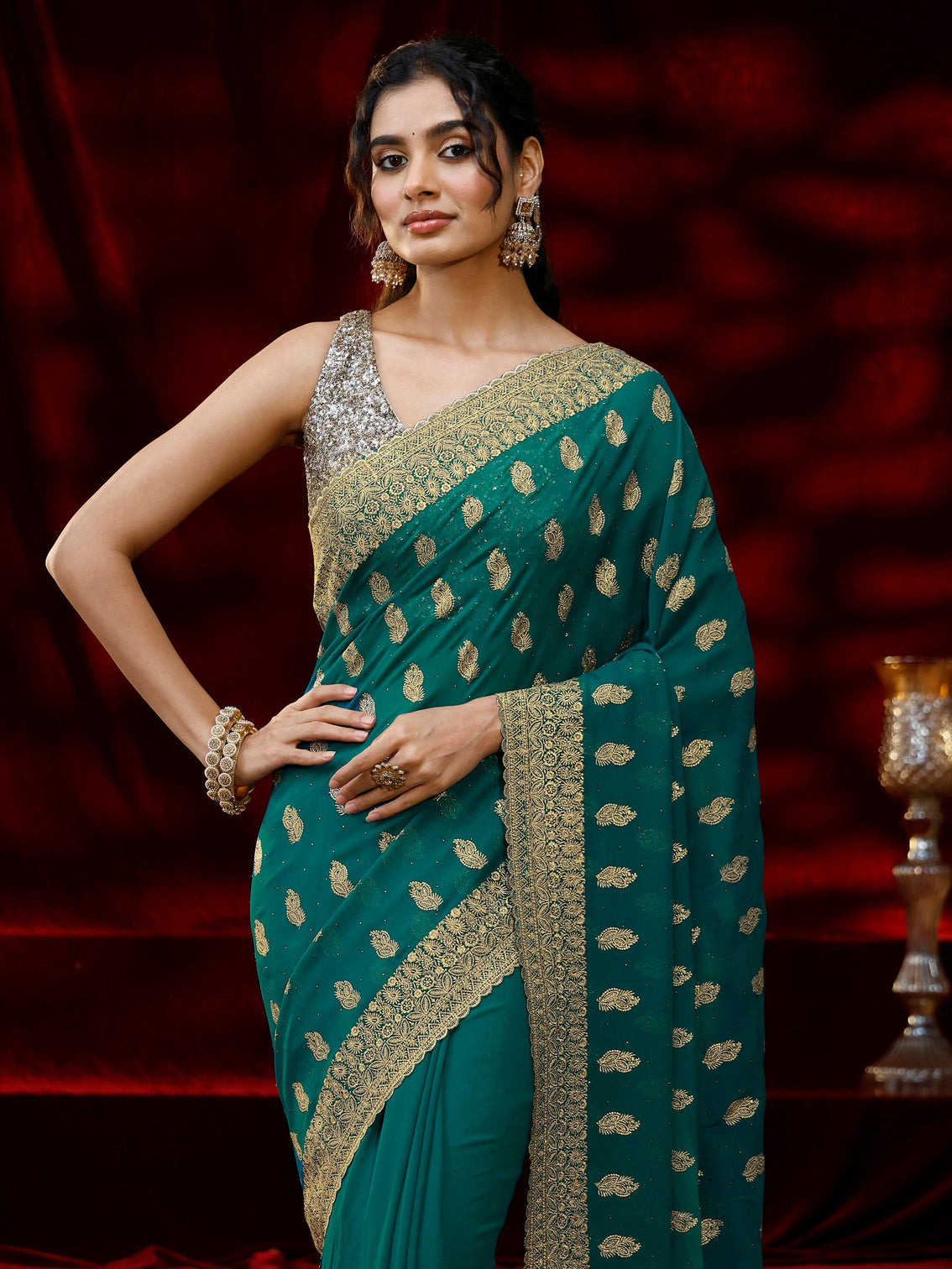 Mameraa Green Embroidered Georgette Saree
