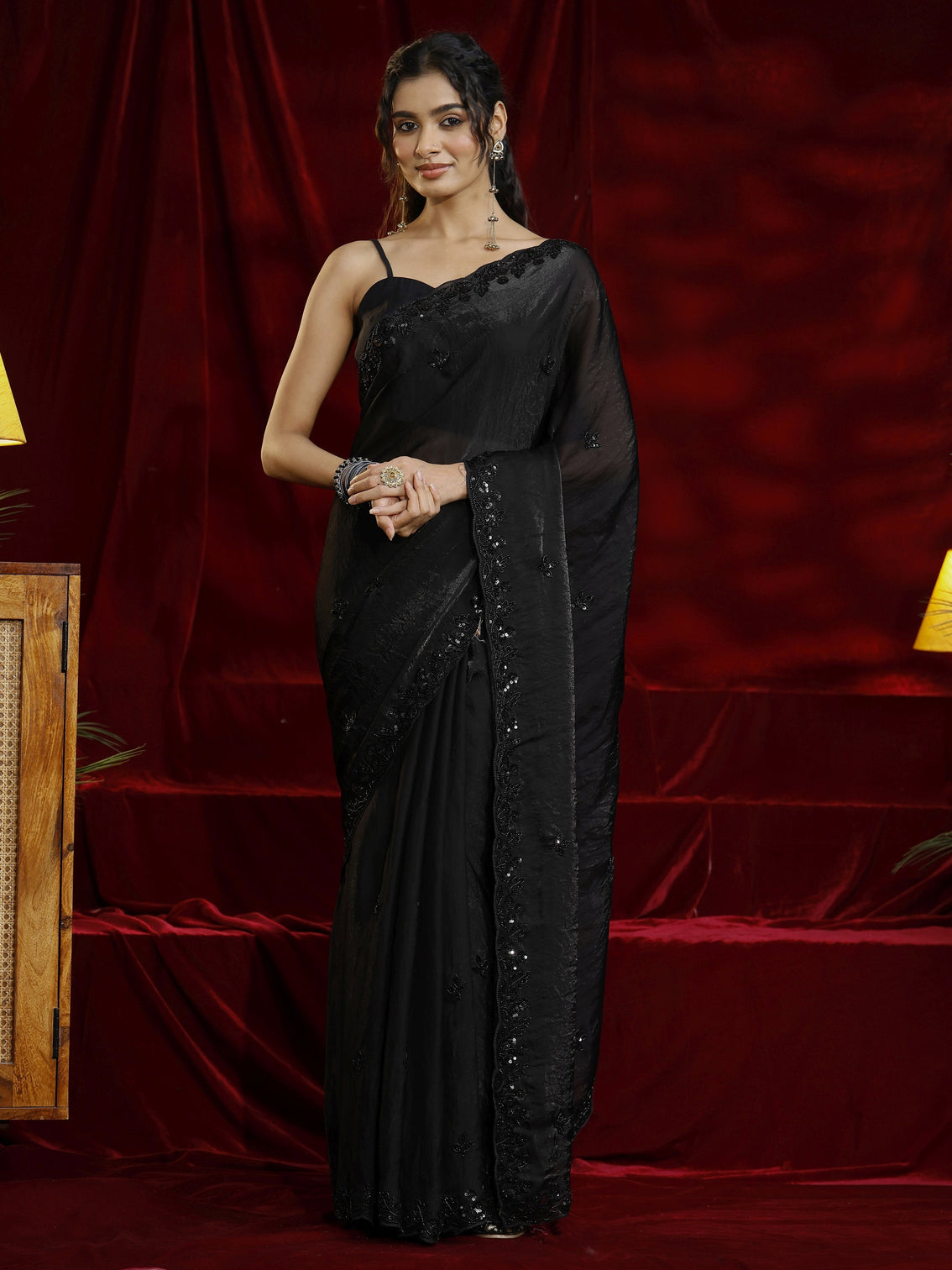 Mameraa Black Floral Embellished Tissue Saree