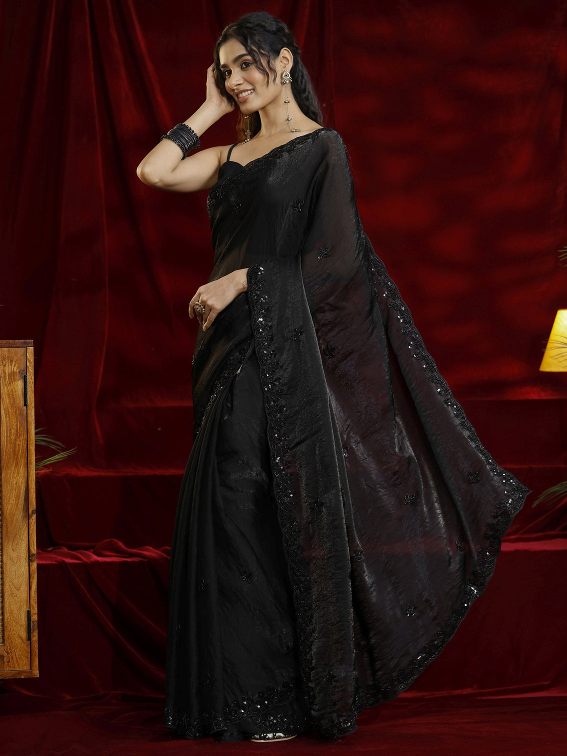 Mameraa Black Floral Embellished Tissue Saree