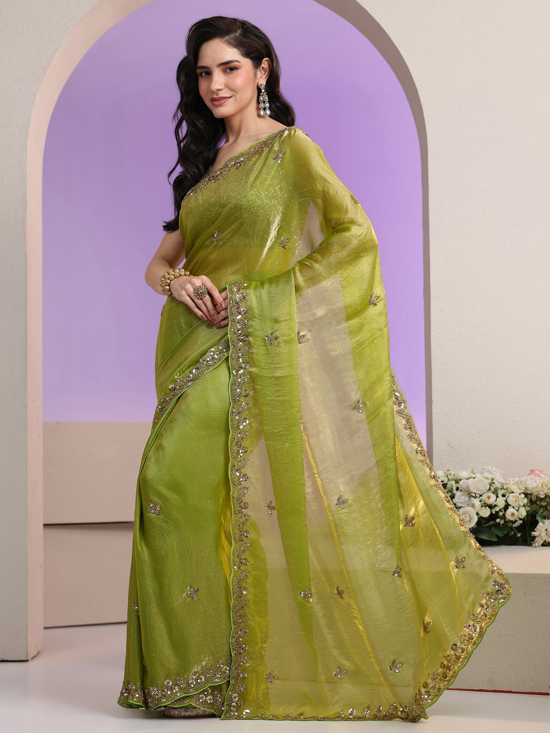 Mameraa Chartreuse Green Floral Embellished Tissue Saree