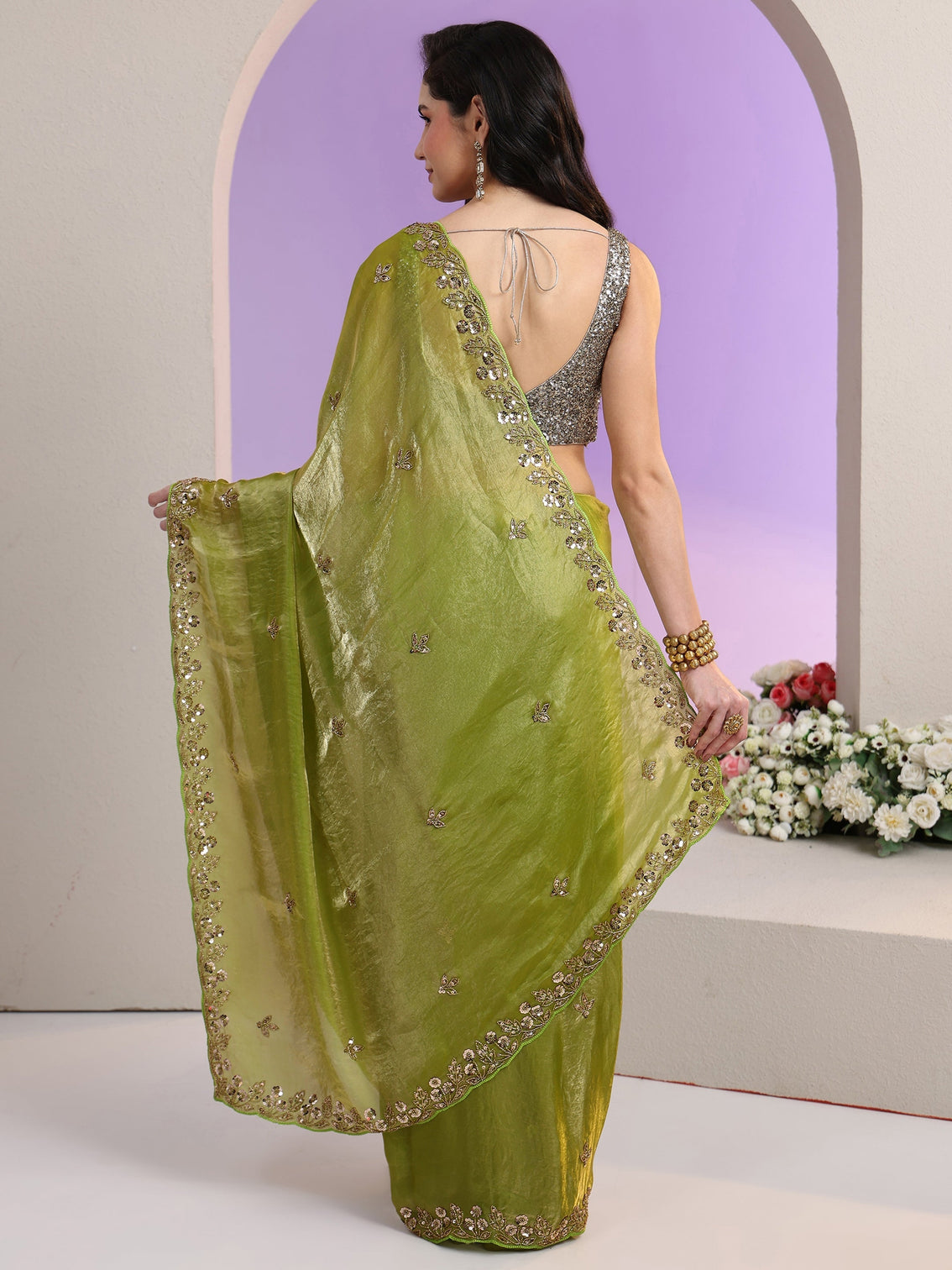 Mameraa Chartreuse Green Floral Embellished Tissue Saree