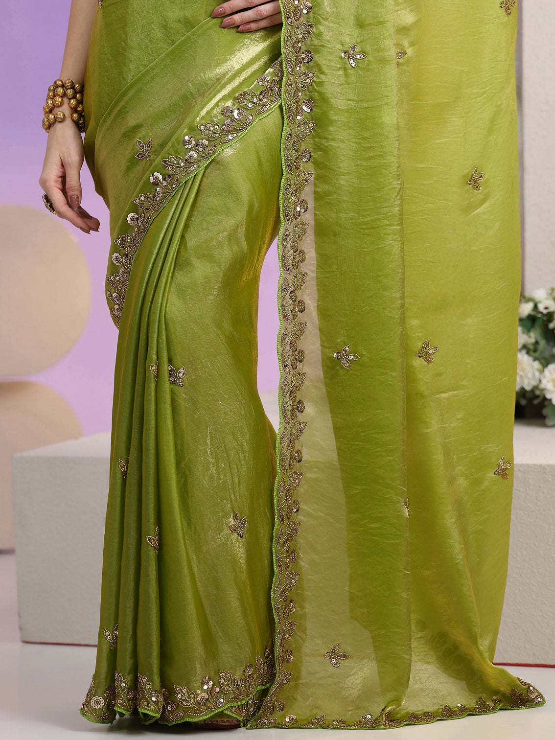 Mameraa Chartreuse Green Floral Embellished Tissue Saree