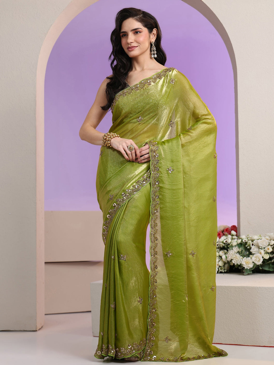 Mameraa Chartreuse Green Floral Embellished Tissue Saree