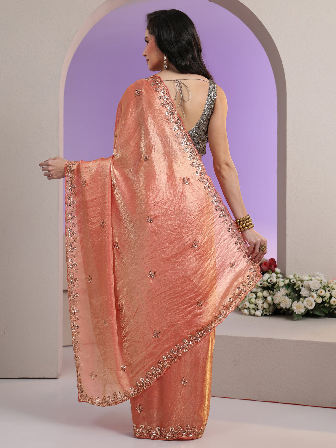 Mameraa Peach Pink Floral Embellished Tissue Saree