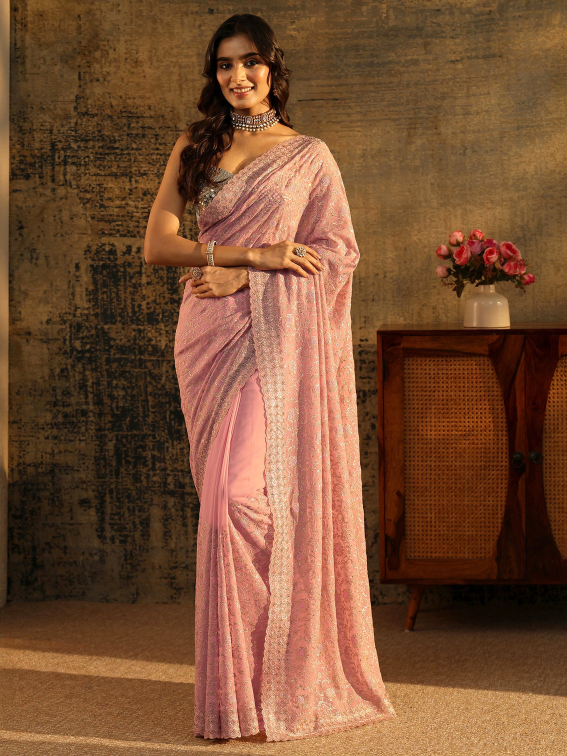 Mameraa Baby Pink Floral Embroidered Georgette Saree