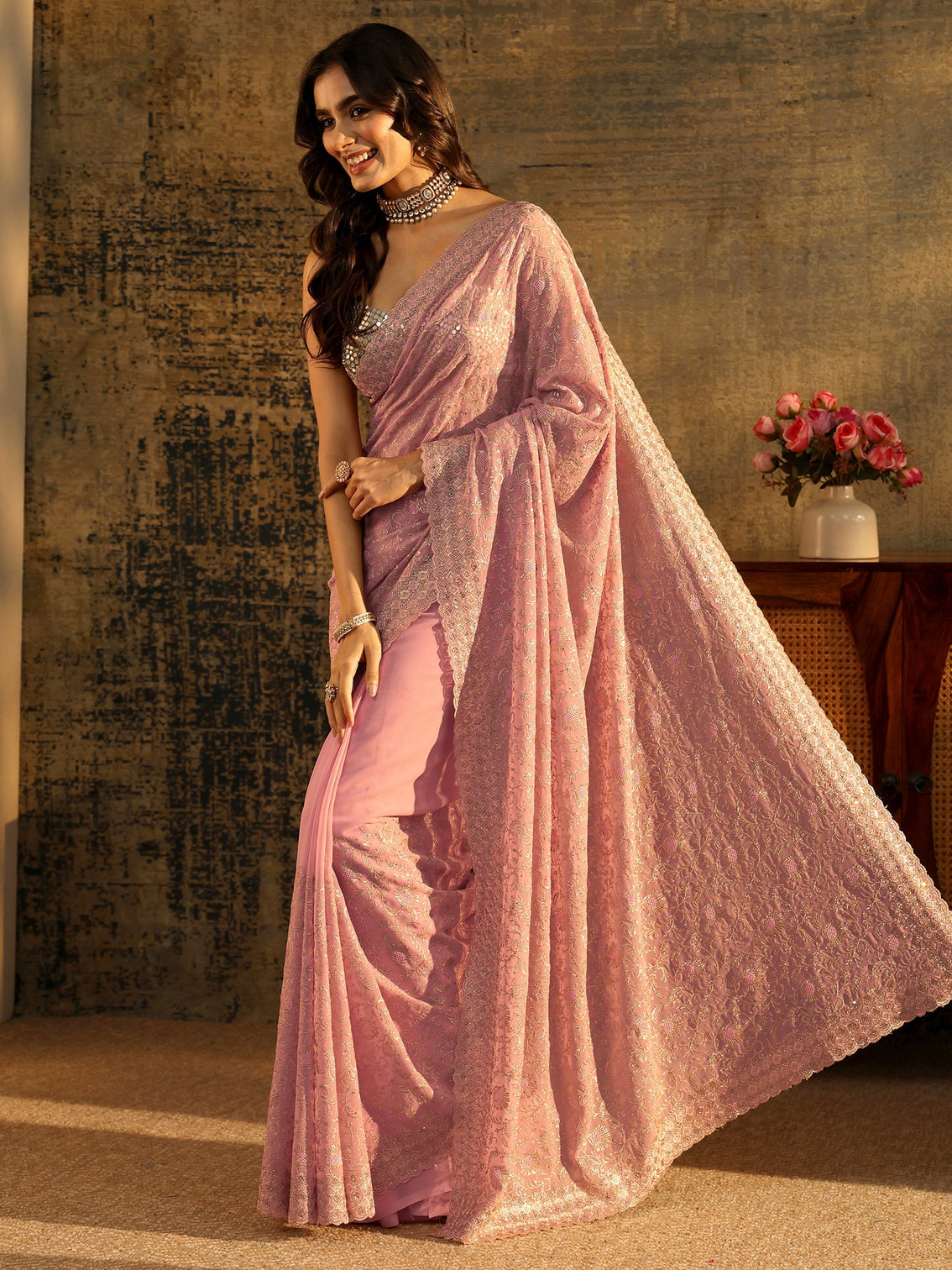 Mameraa Baby Pink Floral Embroidered Georgette Saree