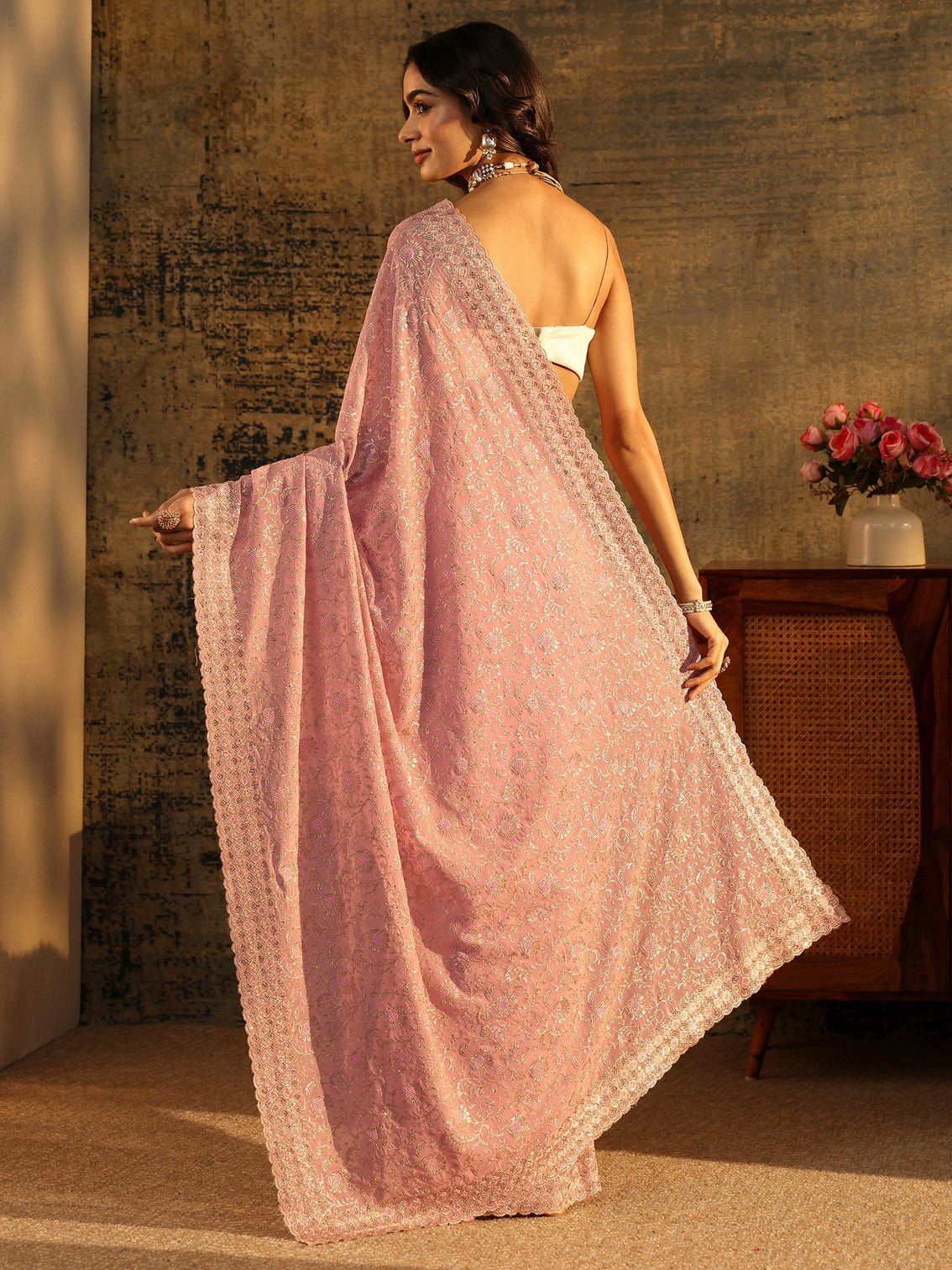 Mameraa Baby Pink Floral Embroidered Georgette Saree