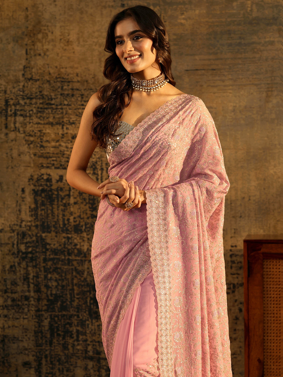 Mameraa Baby Pink Floral Embroidered Georgette Saree