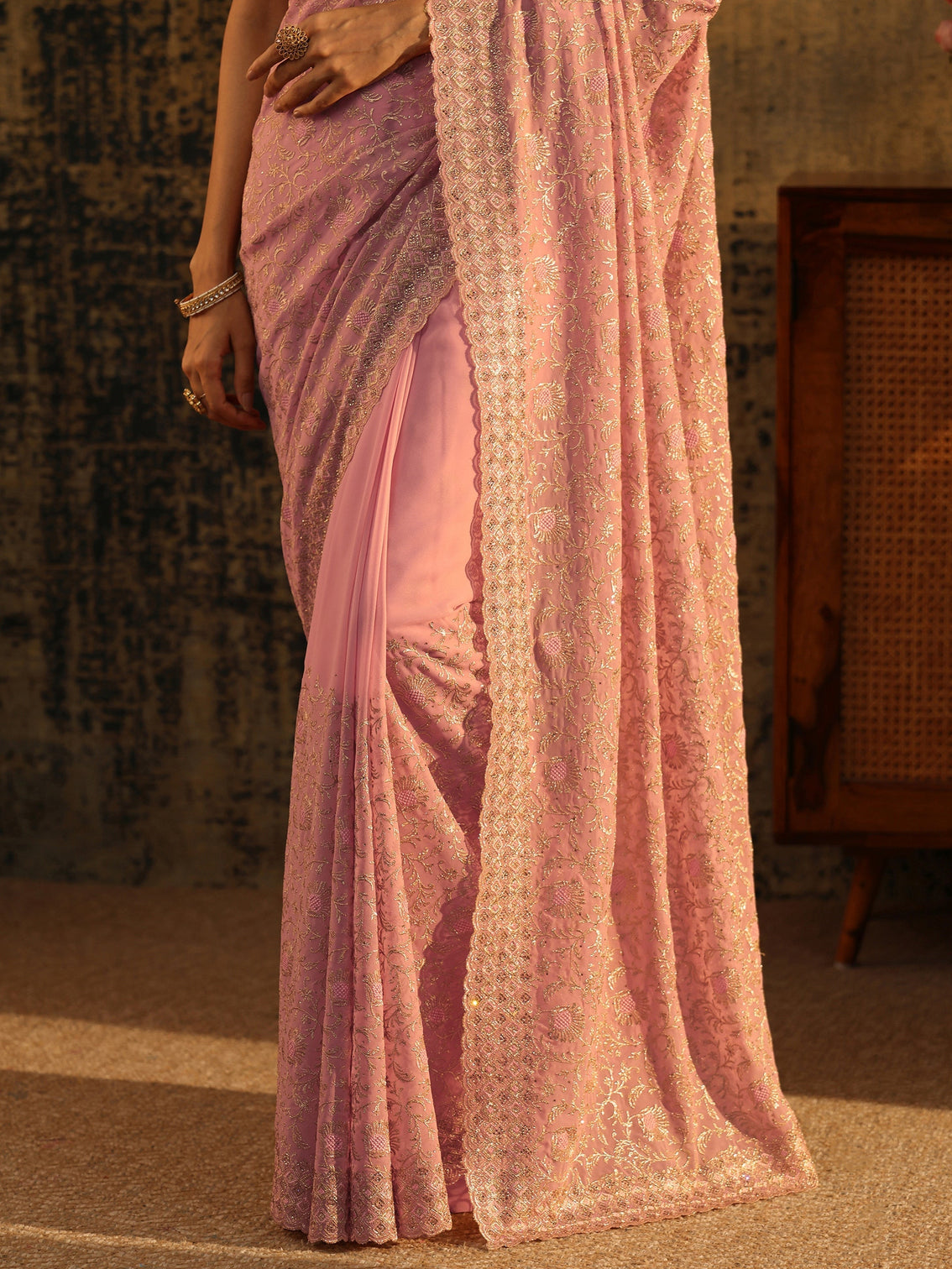 Mameraa Baby Pink Floral Embroidered Georgette Saree