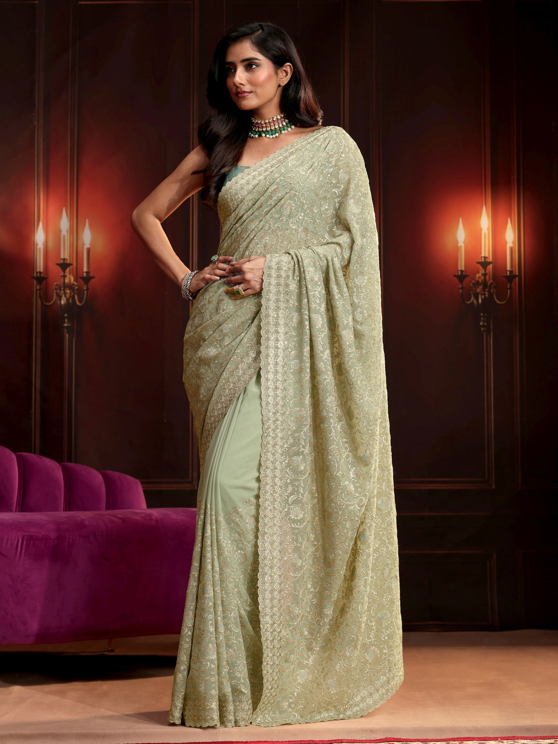 Mameraa Pista Green Embroidered Georgette Saree