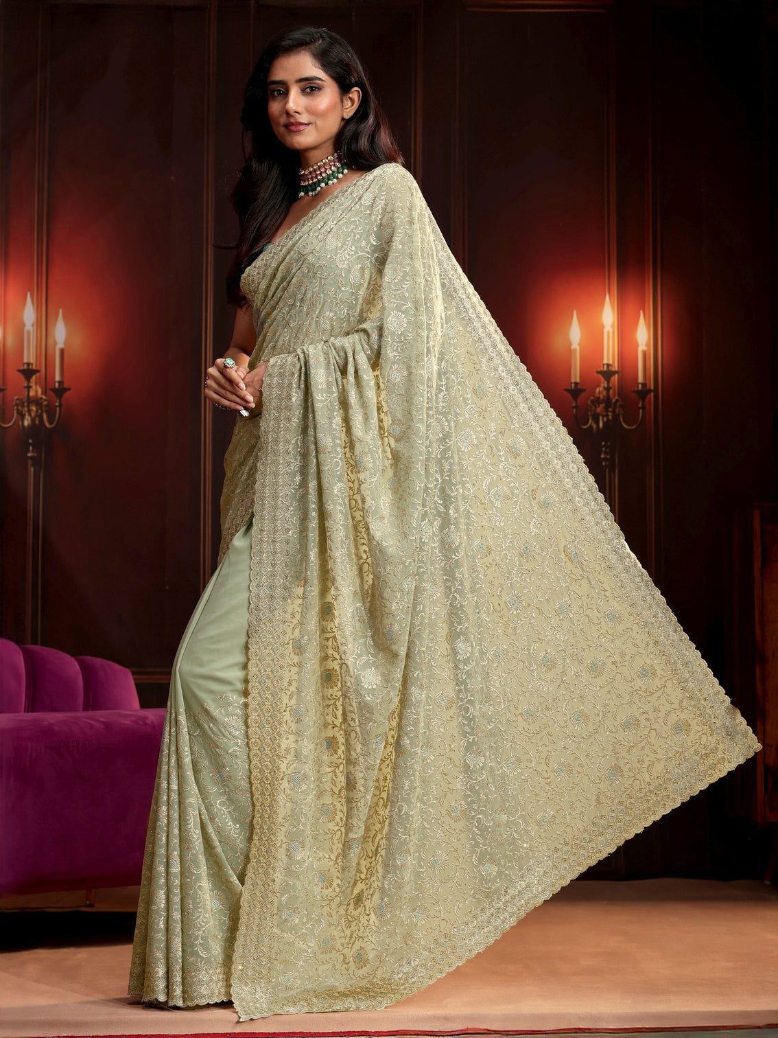 Mameraa Pista Green Embroidered Georgette Saree
