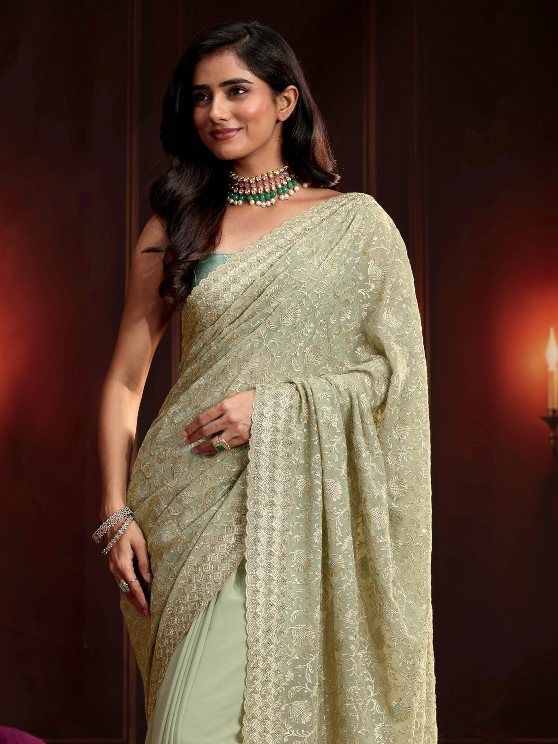 Mameraa Pista Green Embroidered Georgette Saree