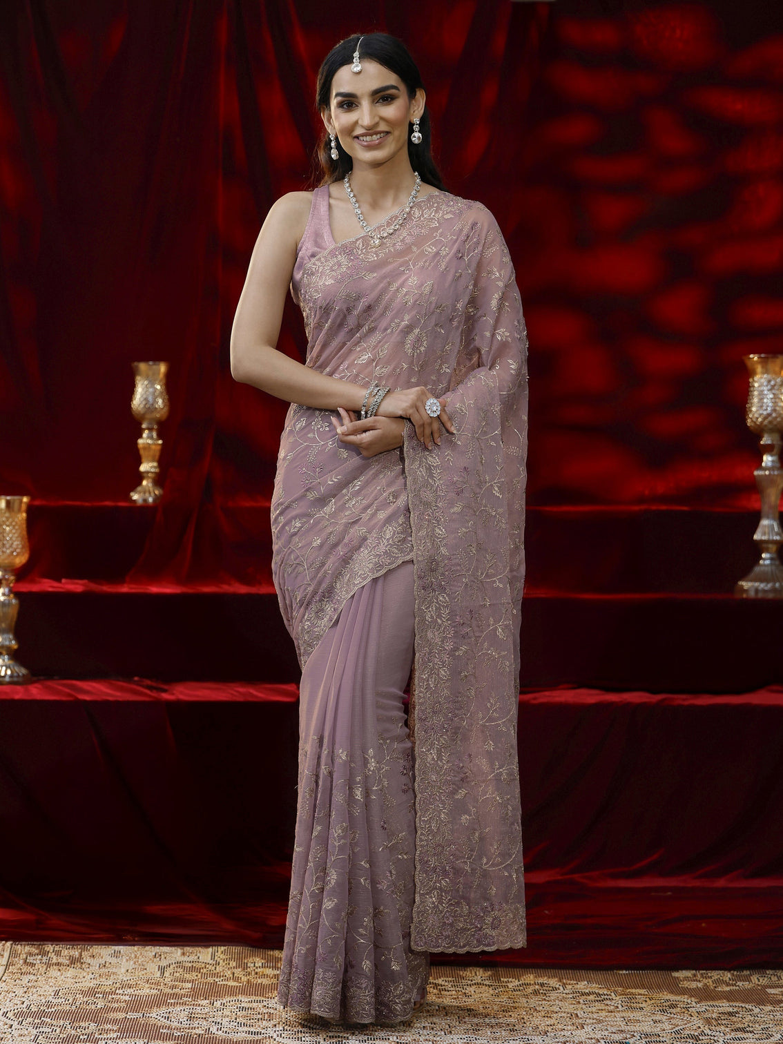 Mameraa Lavender Floral Embroidered Chiffon Saree