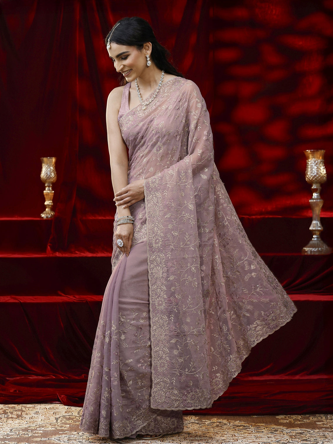 Mameraa Lavender Floral Embroidered Chiffon Saree