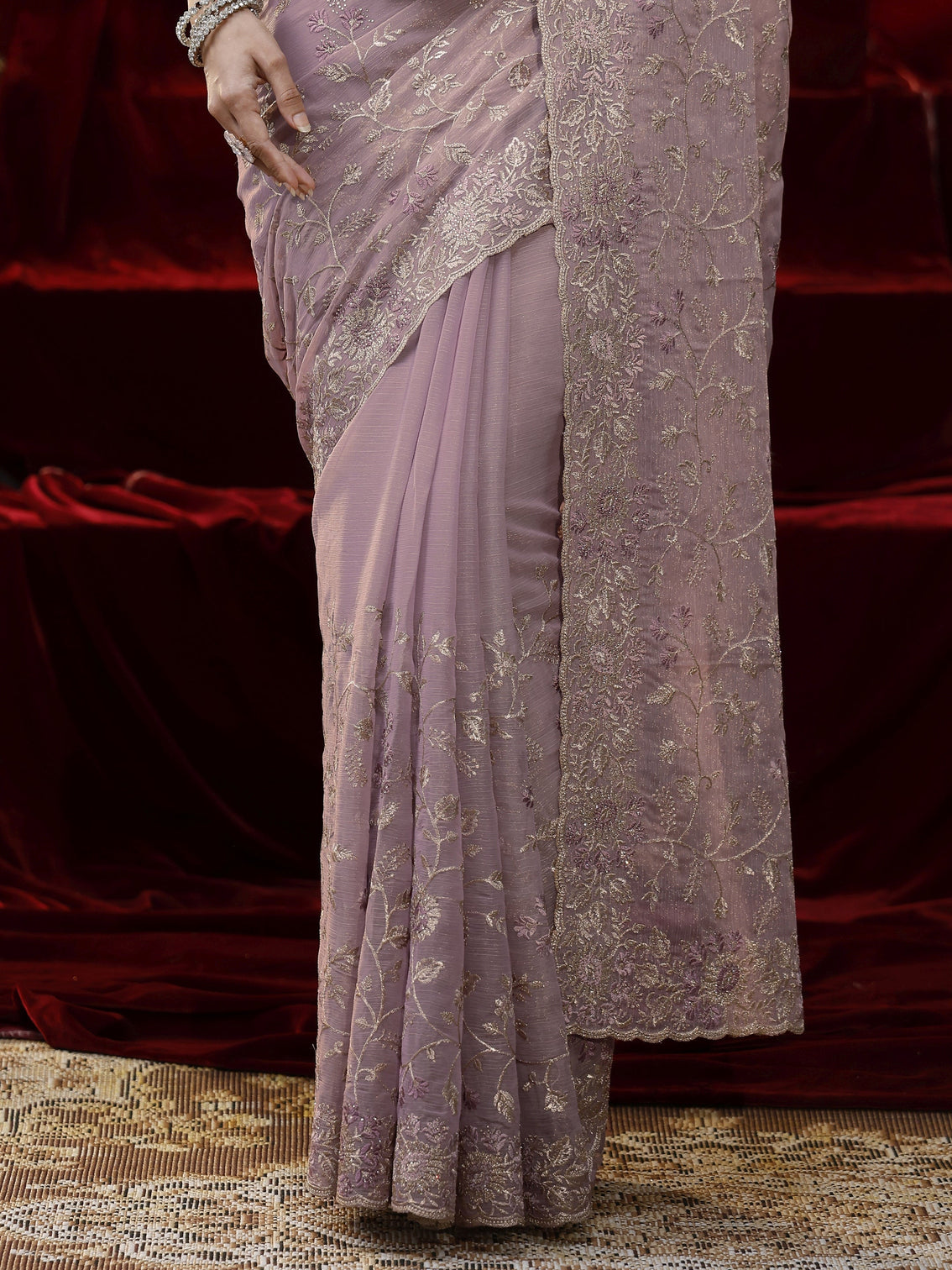 Mameraa Lavender Floral Embroidered Chiffon Saree