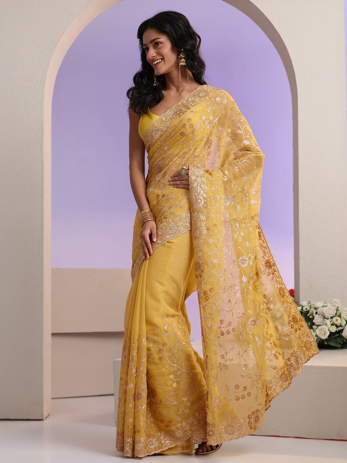 Mameraa Mustard Floral Embroidered Chiffon Saree