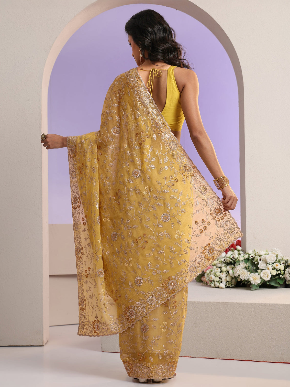 Mameraa Mustard Floral Embroidered Chiffon Saree
