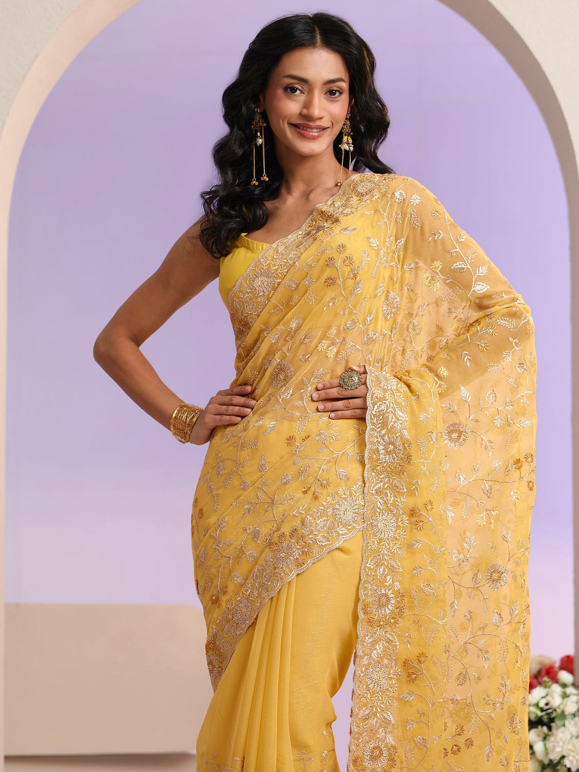 Mameraa Mustard Floral Embroidered Chiffon Saree