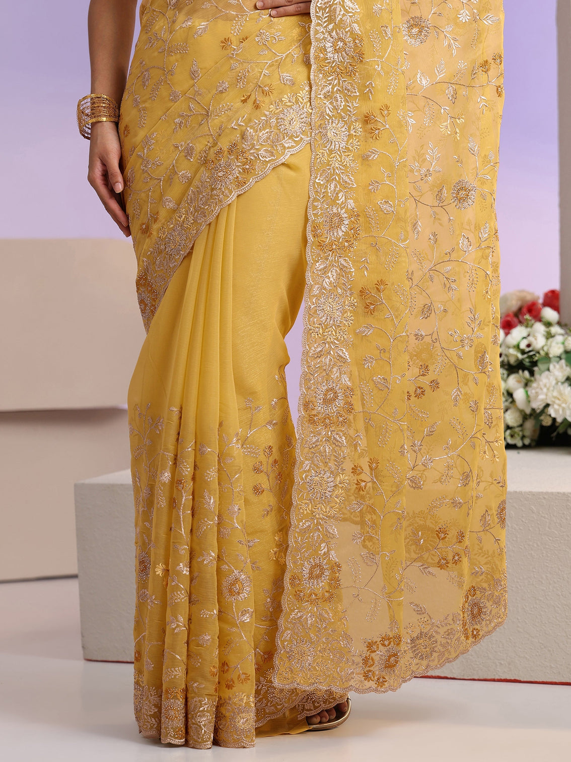 Mameraa Mustard Floral Embroidered Chiffon Saree