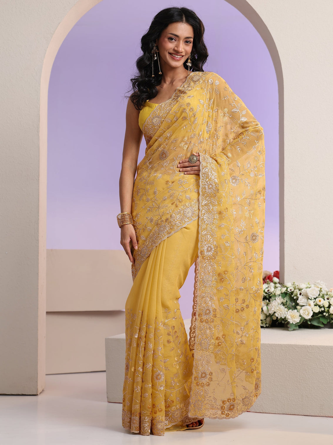 Mameraa Mustard Floral Embroidered Chiffon Saree