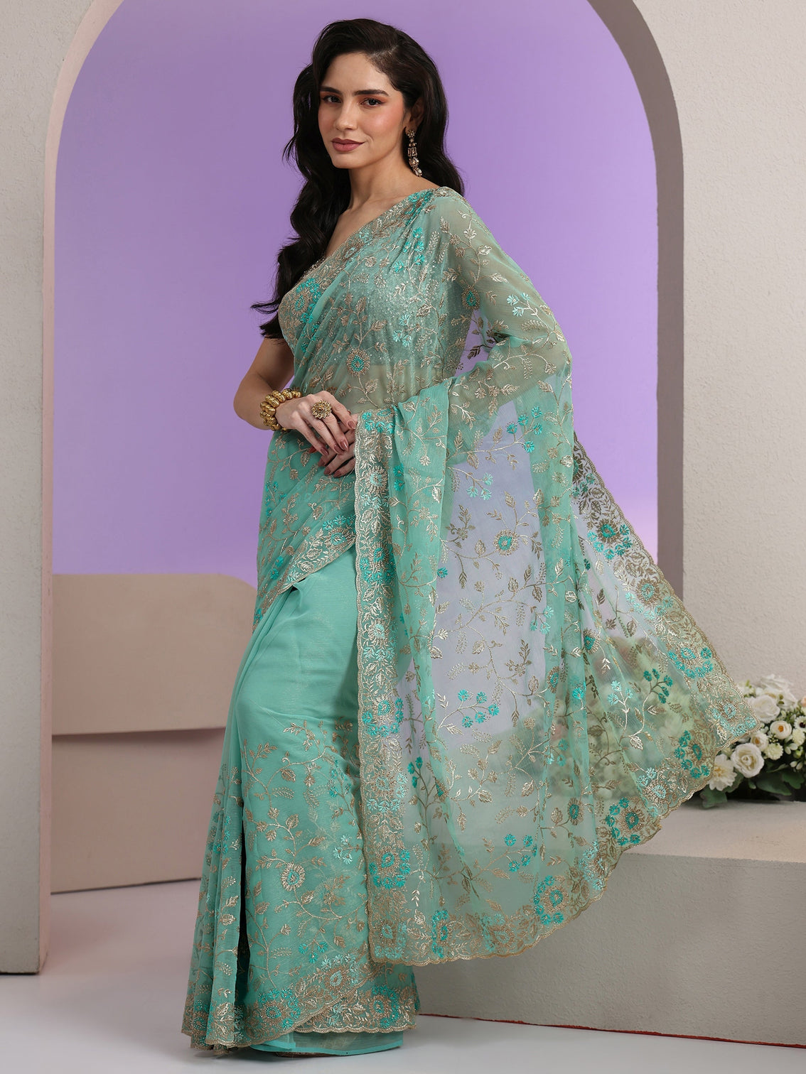Mameraa Sea Green Floral Embroidered Chiffon Saree