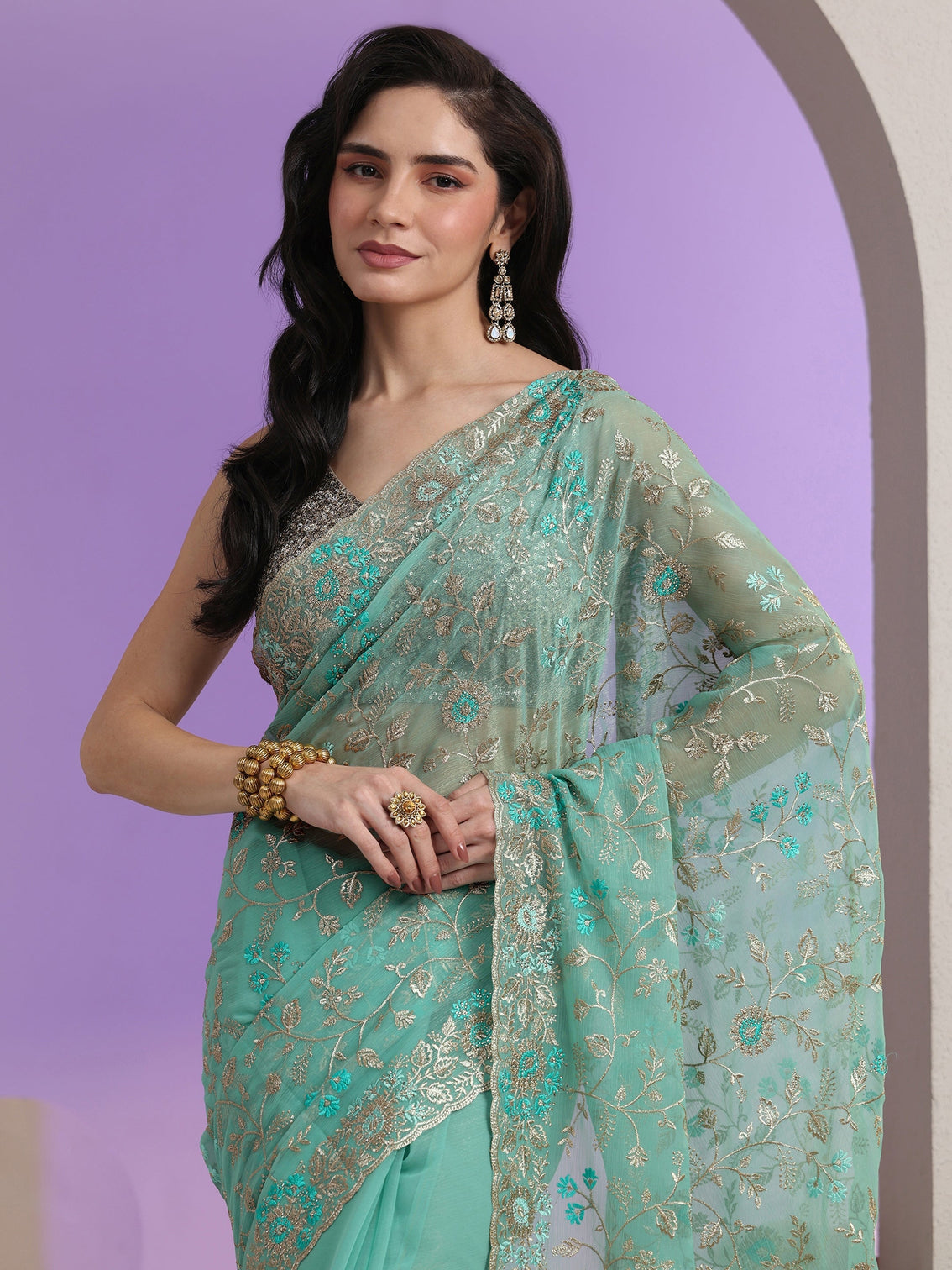 Mameraa Sea Green Floral Embroidered Chiffon Saree