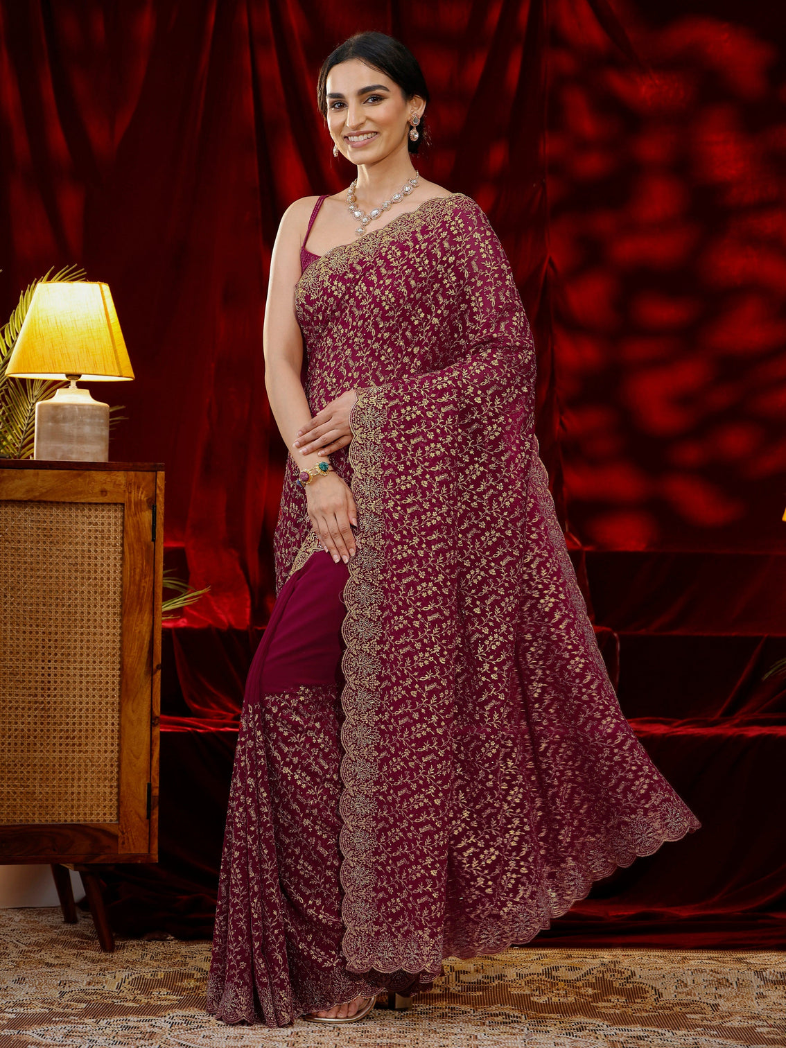 Mameraa Pink Floral Embroidered Georgette Saree