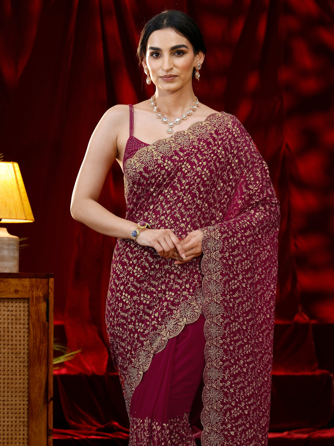 Mameraa Pink Floral Embroidered Georgette Saree