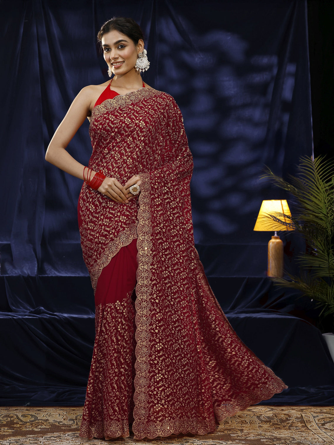 Mameraa Red Floral Embroidered Georgette Saree