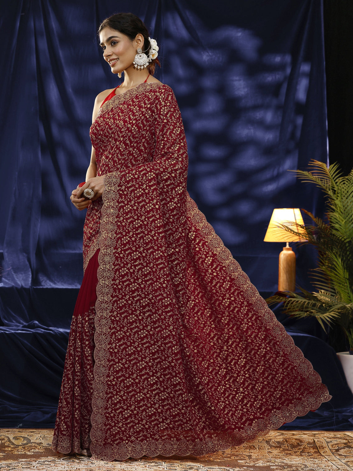 Mameraa Red Floral Embroidered Georgette Saree