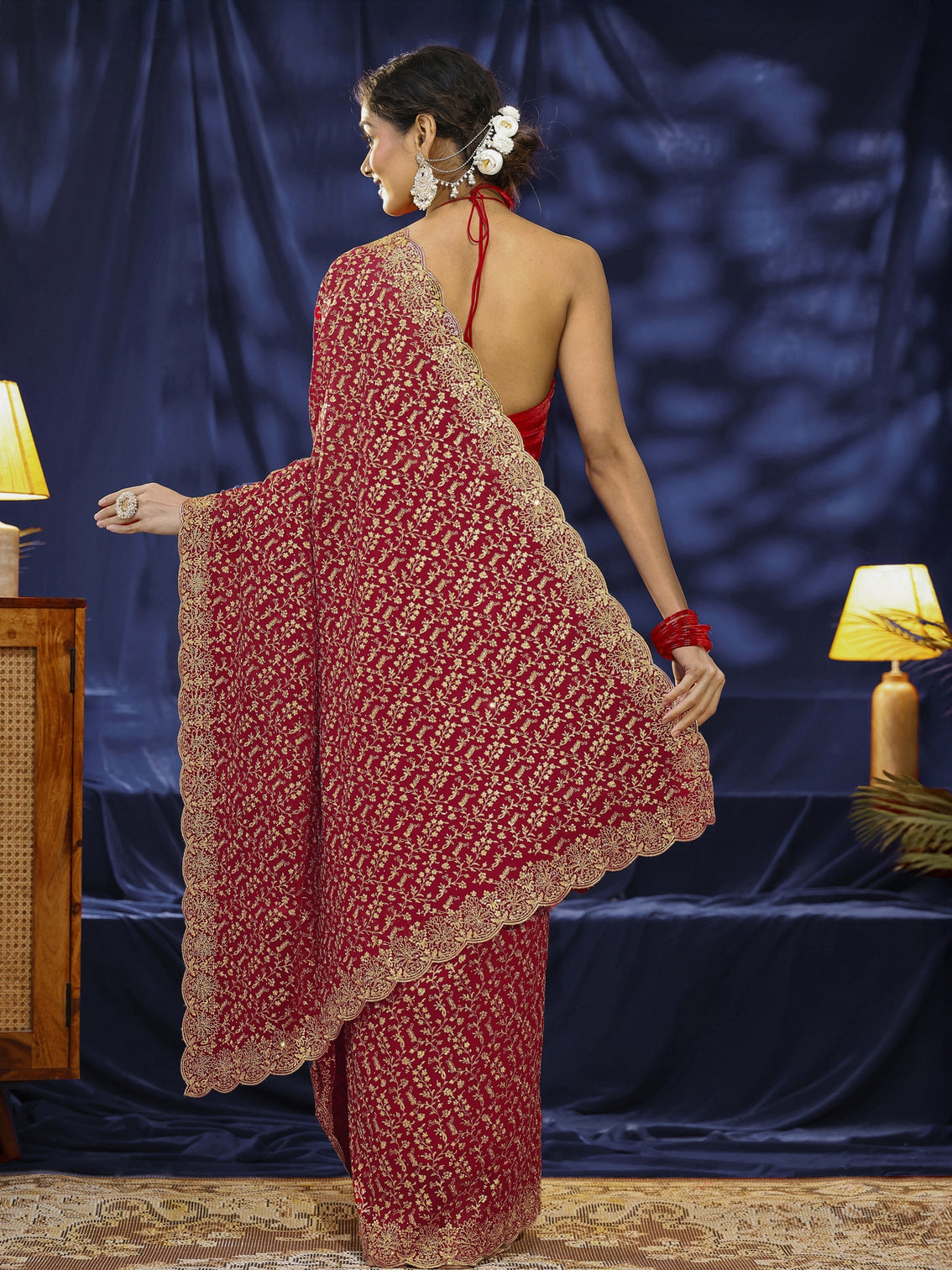 Mameraa Red Floral Embroidered Georgette Saree