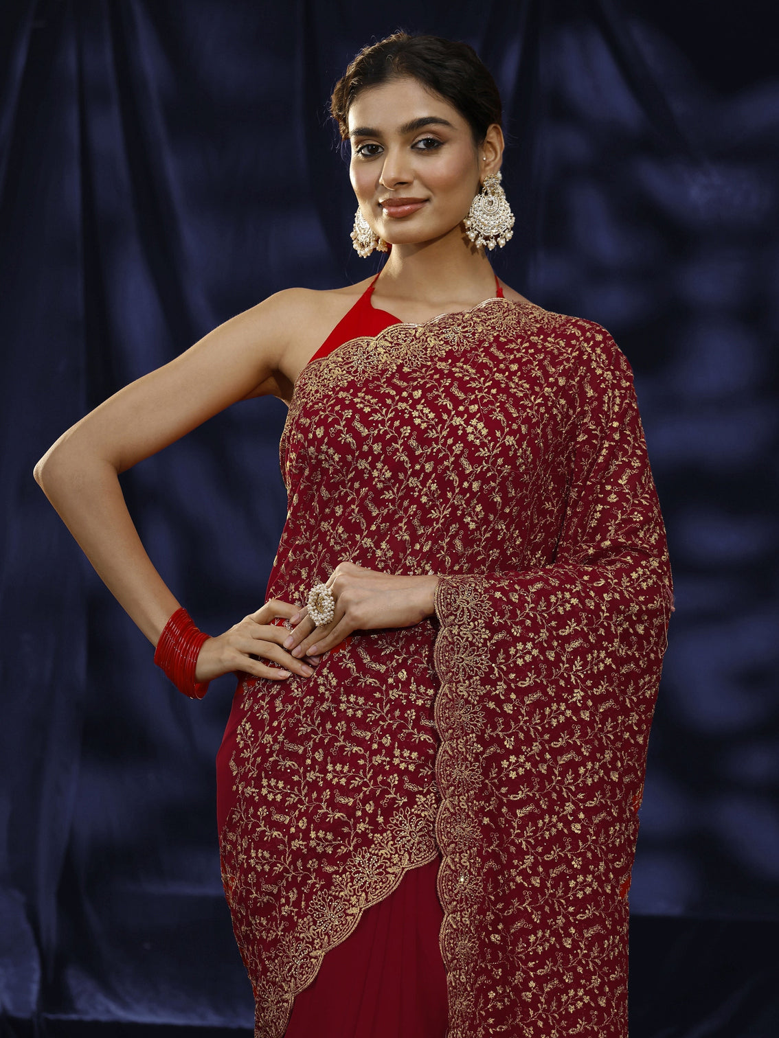 Mameraa Red Floral Embroidered Georgette Saree