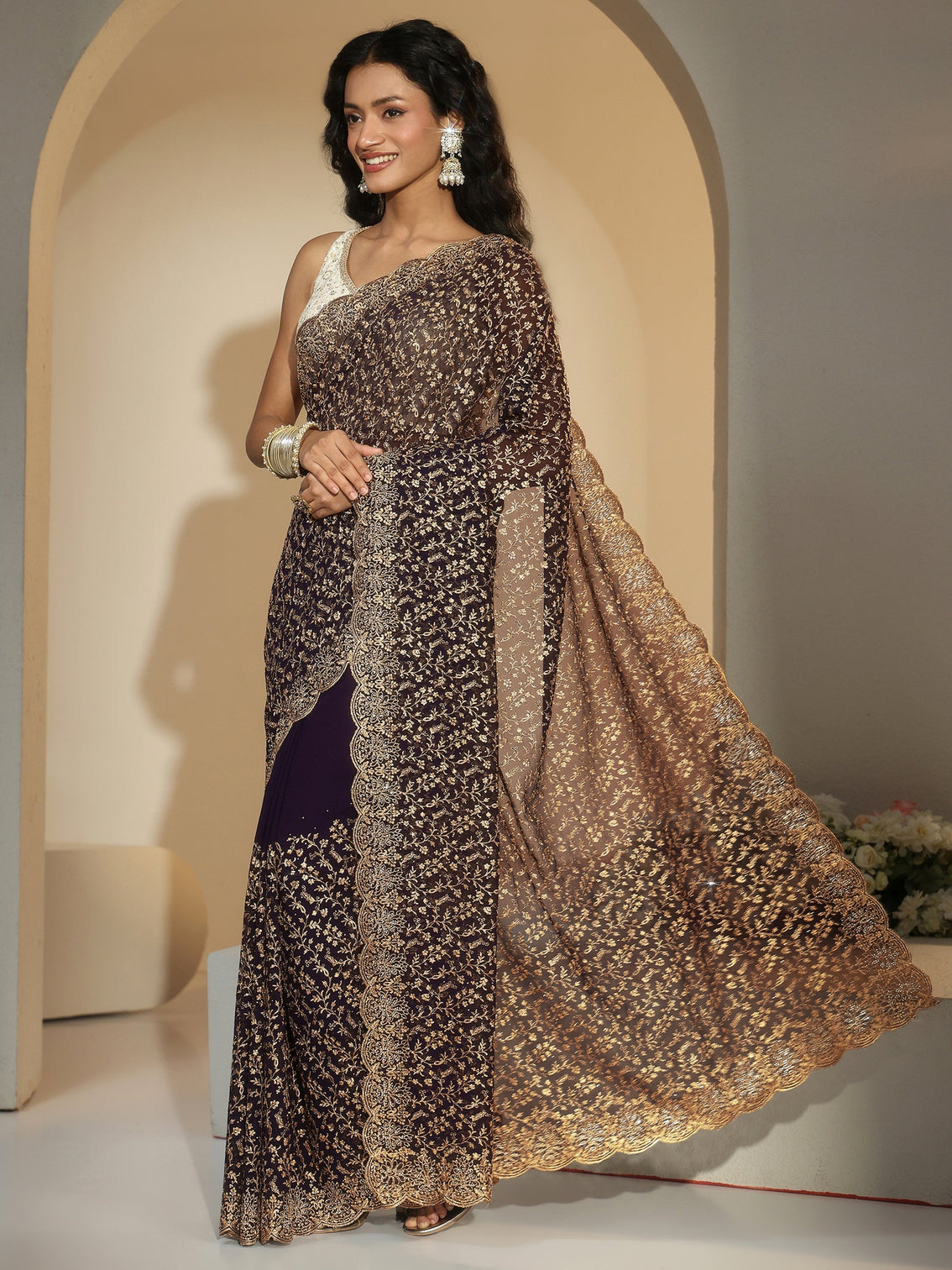 Mameraa Dark Purple Floral Embroidered Georgette Saree