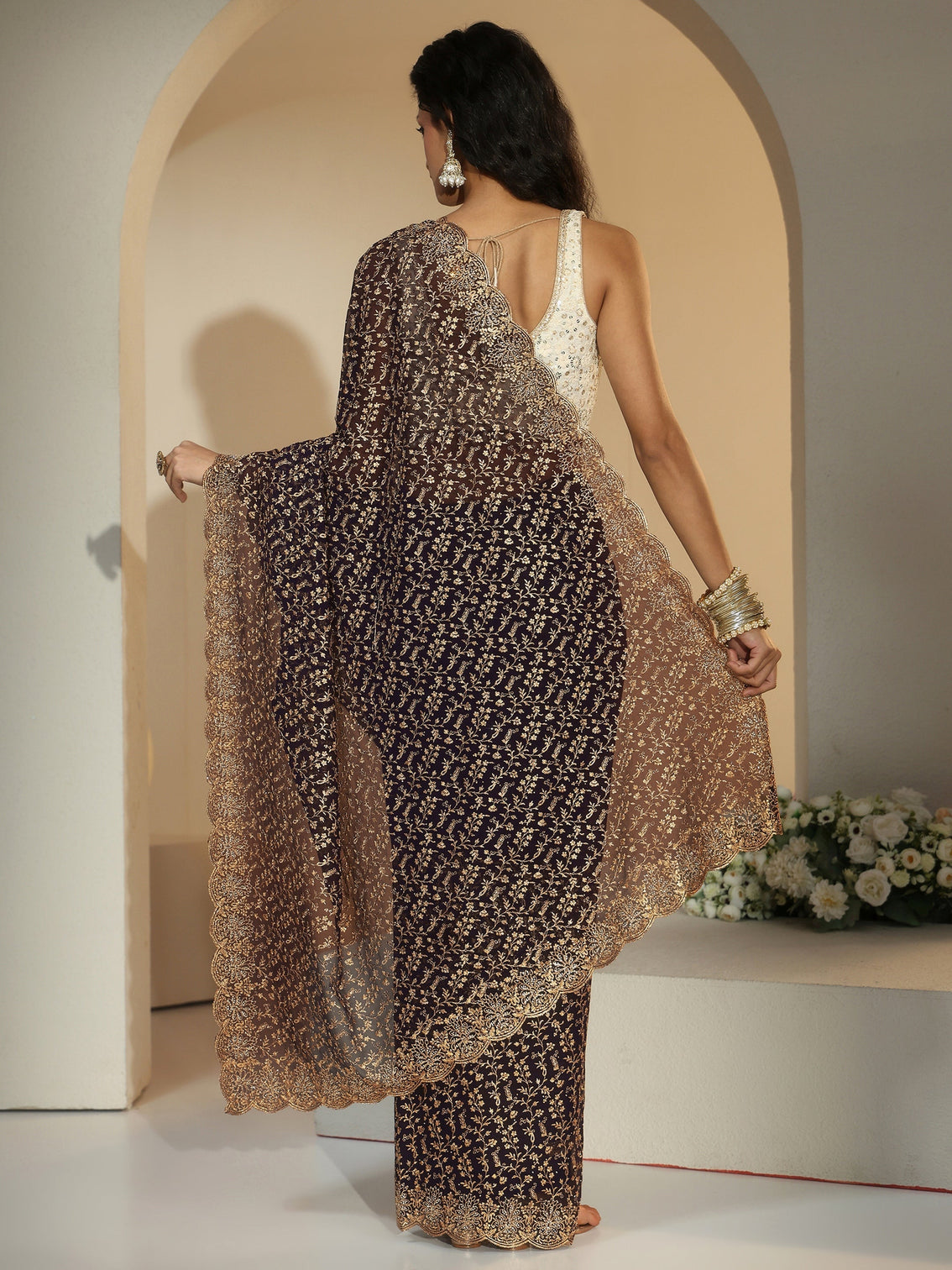 Mameraa Dark Purple Floral Embroidered Georgette Saree